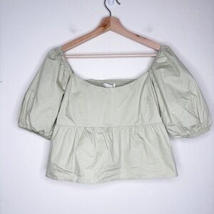 Oak + Fort Puff Sleeve Cropped Top Sage Size S NWT